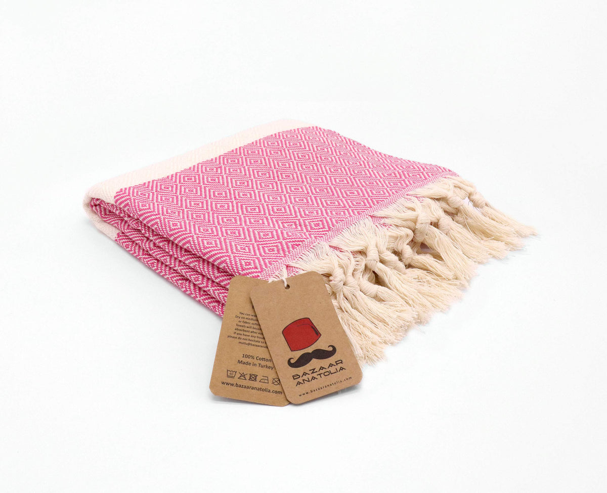 Bazaar Anatolia Turkish Beach Towel – 100% Cotton, Quick Dry, Sand Free Towel for Bathroom, Camping, Travel, Hot Pink – Oversized 71x39 Inches – Diamond Fuscia