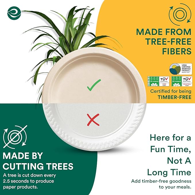 ECO SOUL Compostable Paper Plates 6 Inch (400 Count) Plates for Dessert, Heavy Duty, Eco-Friendly Sugarcane Bagasse Small Plates For Appetizer- Natural Brown