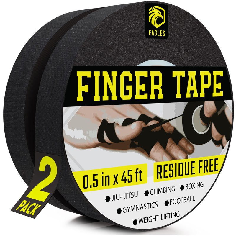 EAGLES Finger Tape 2, 3, 6 or 12 Pack Black or White | Residue Free Skin Friendly Strong Athletic Sports Tapes | 0.5” x 45 Ft for BJJ Jiu Jitsu Grappling MMA Knob Tape Weight (Black, 2 Pack)