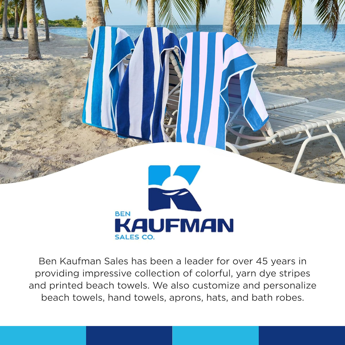 Kaufman - Large Beach Towel | 30" x 60" Terry Cabana Striped Beach Towels | Absorbent, Quick-Drying | 100% Cotton Thick Beach Towels (Blue/Turquoise, 2-Pack)