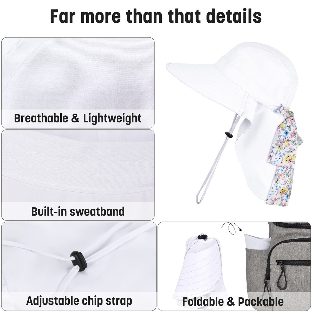 Solaris UPF 50+ Women's Wide Brim Sun Hat – Lightweight Foldable with Detachable Scarf & Neck Cover, UV Protection for Hiking, Beach, Gardening White
