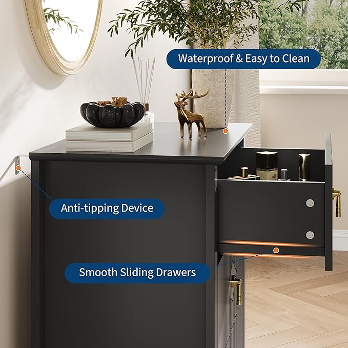 GarveeHome Wood Nightstand Fluted Dresser for Bedroom, 27.5" Wide 3-Drawer Bedside Tables, Modern Chest of Drawers, Storage End Table Living Room, Hallway, Entryway, Black