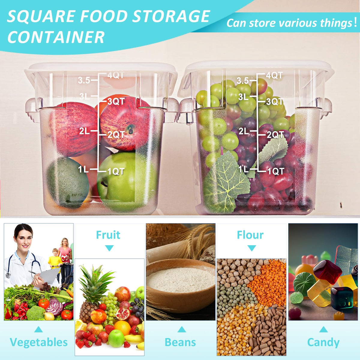 Yungyan 12 Pcs 4 Qt Commercial Food Storage Containers with Lids Restaurant Square Airtight Food Storage Containers Clear Cereal Containers for Kitchen Freezer Dishwasher Pantry(Blue Lid)