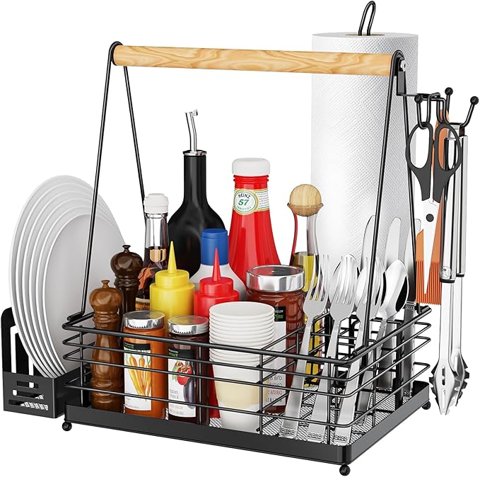 JBBTOOL Grill Caddy, BBQ Caddy with Paper Towel Holder & Utensil Holder, Picnic Caddy Organizer for Outdoor Cooking, Camping Essentials, Tailgating, Camping Must-Have for Patio, RV, Camper