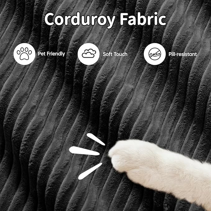 152" Modern Corduroy Cloud Sofa with Ottoman, L Shaped Boneless Modular Large Sectional Couches for Living Room, Black 4 Seater Compressed Memory Foam Couch, Extra Deep Seat, No Assembly