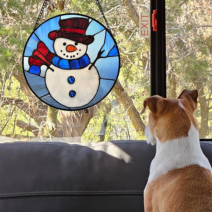 Stained Glass Window Hanging 4 Pcs Set Blue White Christmas Snowman Snowflake 9.8" - Suncatcher Door Garden Sun Catcher Decor Birthday Mother's Day Xmas Gifts for Mom Woman Nana Men