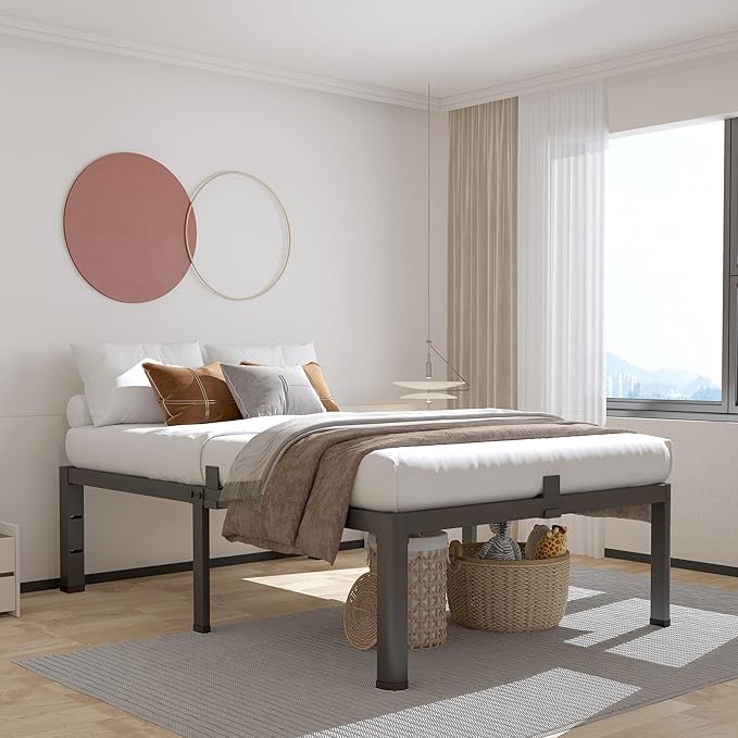 ROIL 12 inch Twin XL Bed Frames with Headboard Hole and Round Corner Legs Mattress Retainers 3500LBS Heavy Duty Steel Slats No Box Spring Needed Platform Noise-Free Underneath Storage