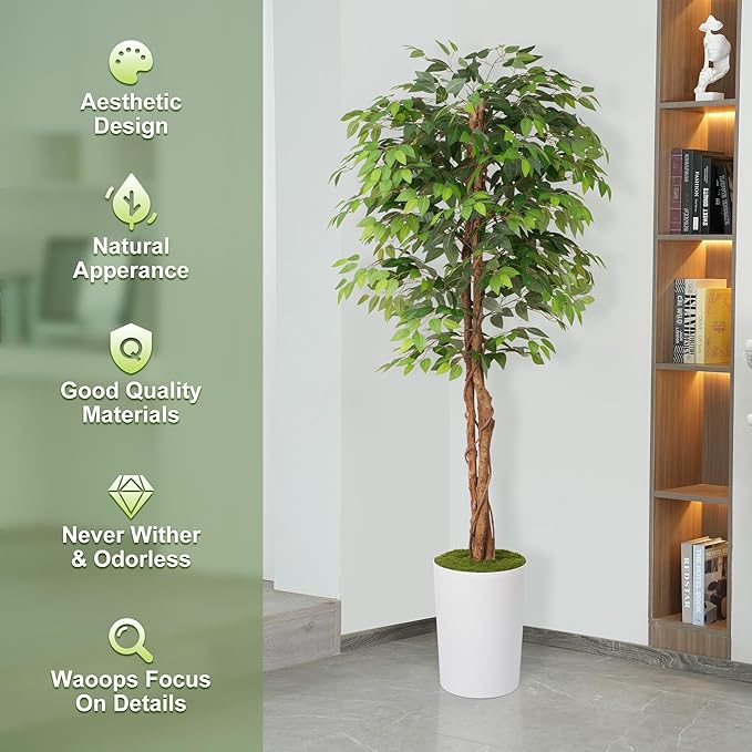 7Ft Artificial Ficus Tree in Large Tall Planter - Faux Indoor Plant with Realistic Wood Trunk - Large Tall Fake Plant for Home, Office, Living Room, Patio Decoration