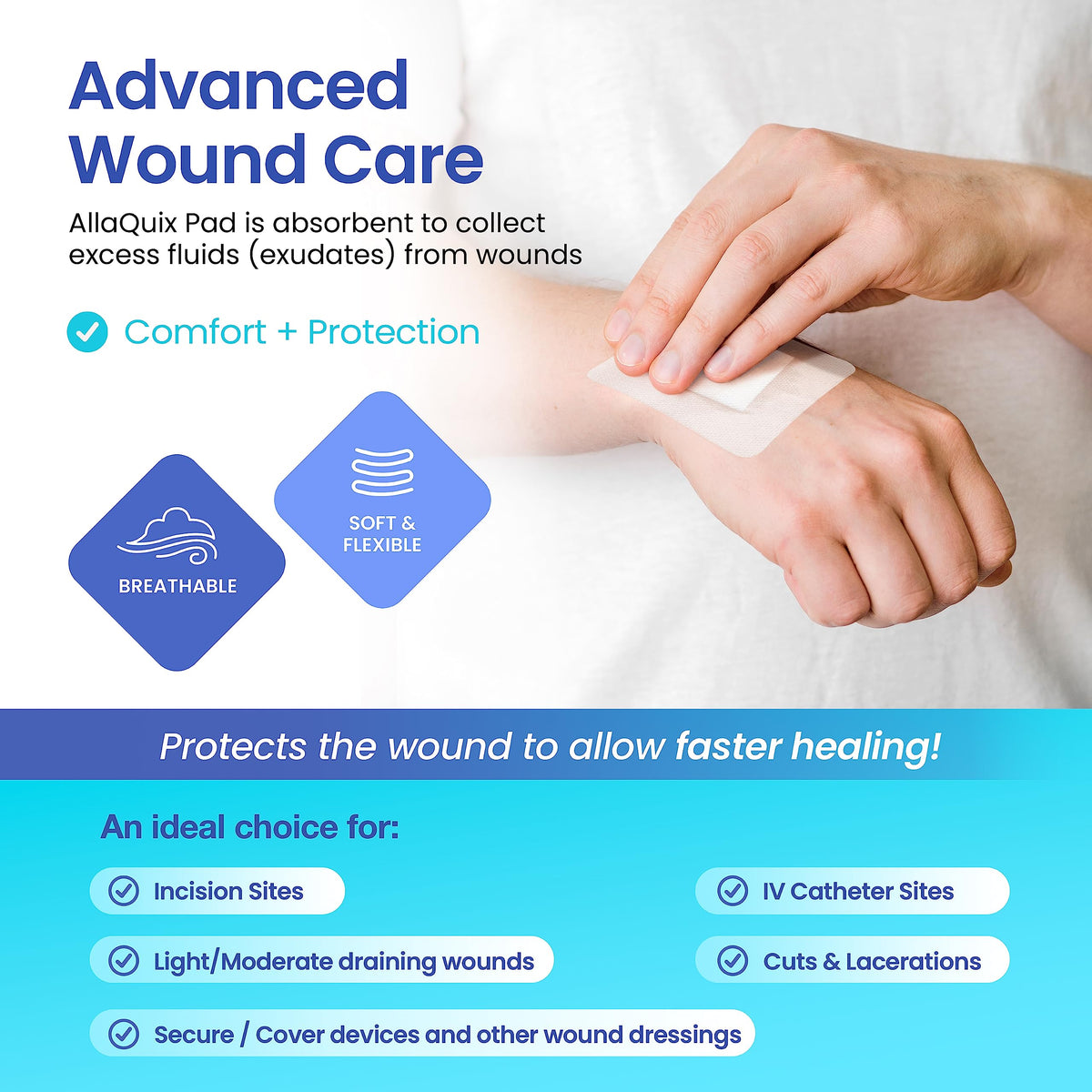 AllaQuix Basic Sterile Gauze Island Dressing 4"x8" Adhesive Border Pads (25 Count) – Non-Stick Wound Dressing for Surgical Aftercare, Incisions, Large Cuts, First Aid, and Light Draining Wounds