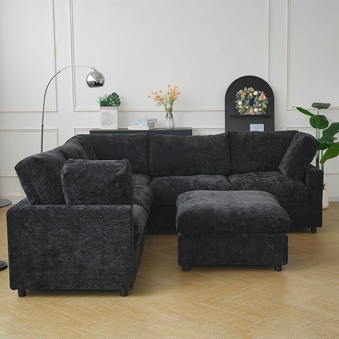 JACH V Shape Sectional Couches with Chaise Ottoman, Convertible Modular Sofa, Cloud Sectional Couch, Sofa Covers Washable, Minimalist Couch for Living Room, Apartment, Black