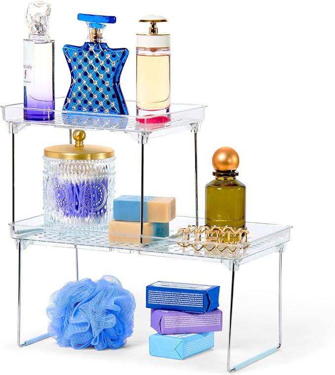 madesmart Stacking Shelf, Small, Vertical Storage with Airflow Holes, Organizer for Spices, Make-Up, Bottles & Jars, Blue