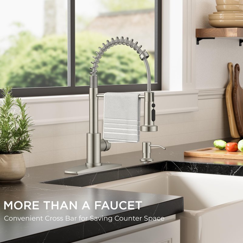 FORIOUS Kitchen Faucets with Sprayer, Brushed Nickel Stainless Steel Sink Faucet Single Handle with Deck Plate, Commercial Classic Spring Faucet for Kitchen Sink, Bar & Prep Sinks, Laundry RV Camper