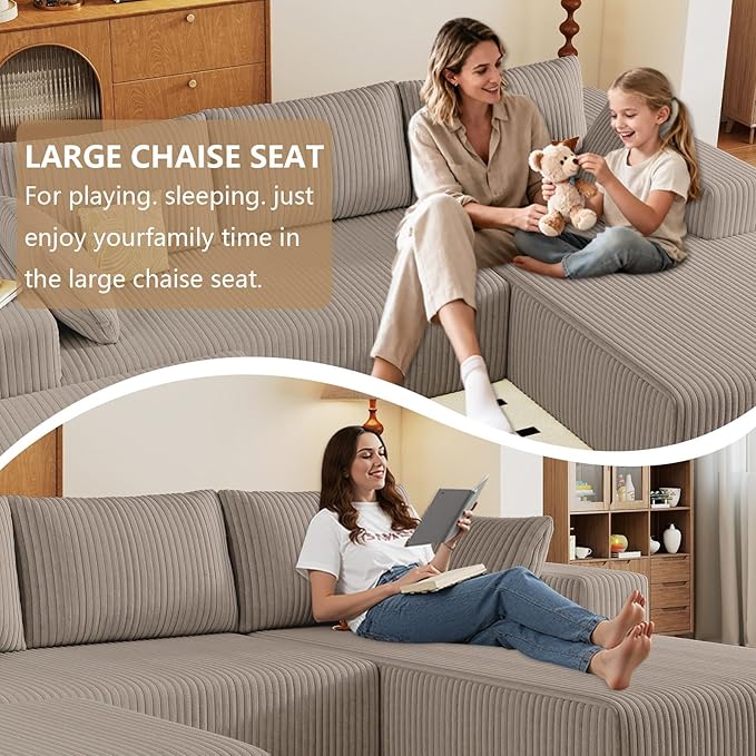 96" U-Shape Cloud Couch, Modern Modular Sectional L-Shape Sofa with Ottoman, Corduroy Upholstered Couches Deep Seat Chaise Longue for Living Room, No Assembly Required(Camel, Right Facing)