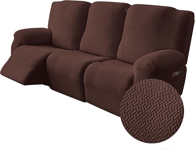 Genina Recliner Sofa Covers - Stretch Reclining Couch Covers with Stripe Jacquard - 3 Seat Cushion Slipcovers with Soft Fabric - Furniture Protector for Pet Kid (Chocolate)