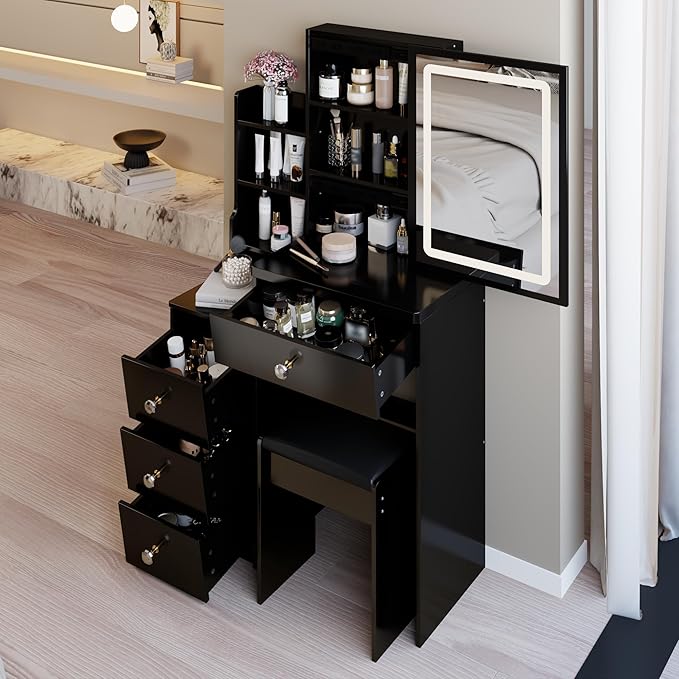 29.2" Small Vanity Desk with Mirror and Lights, Makeup Table with Led Lights and Sliding Mirror, 3 Lighting Colors, Vanity Set with Drawers and Stool for Small Space and Bedroom, Black