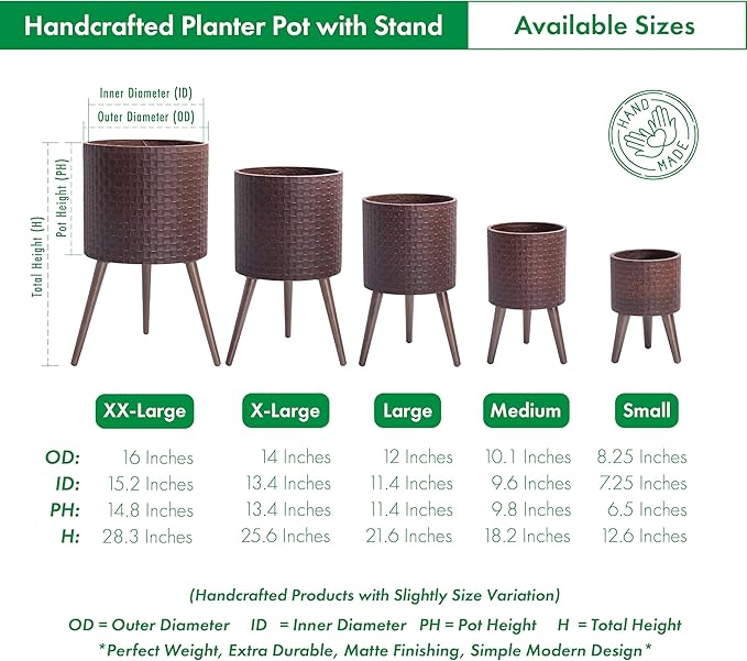 D'vine Dev 16 Inch Modern Geometric Tile Patterned Sleek Planter Pot with Stand, Indoor Outdoor Decorative Plant Holder, Espresso, 88-Z-E-6