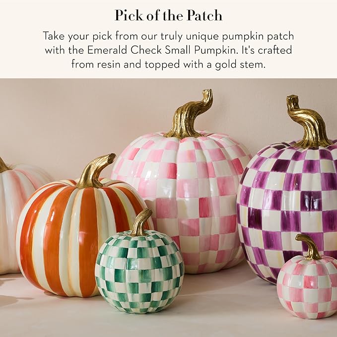 MACKENZIE-CHILDS Pumpkin, Resin Halloween and Fall Decor, Small, Green-and-White Emerald Check