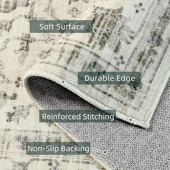 Deerly Boho 6x9 Area Rug Vintage Rugs for Living Room, Washable Rugs Non Slip Large Area Rug for Dining Room Bedroom Office, Floor Decoration Big Rug Mat Low-Pile (Cream)