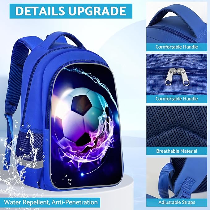 School Backpack for Boys - Soccer Boys Backpack for Kids Children Teens Elementary Middle School - Students Bag for Ages 6-18,17″Bookbag Multifunctional Large Capacity
