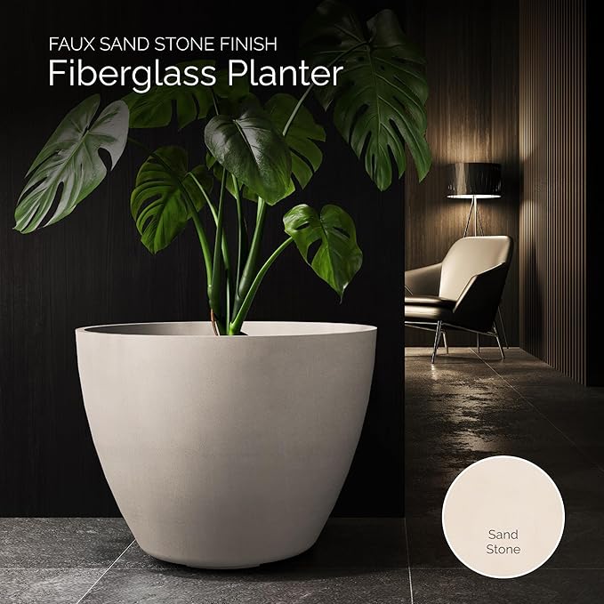 Lupo Tapered Planter – Sand Stone Finish – Fiberglass Indoor/Outdoor and Weather-Resistant Medium Planter (20" D x 15.4" H Exterior, 18.9" D x 14.8" H Interior)