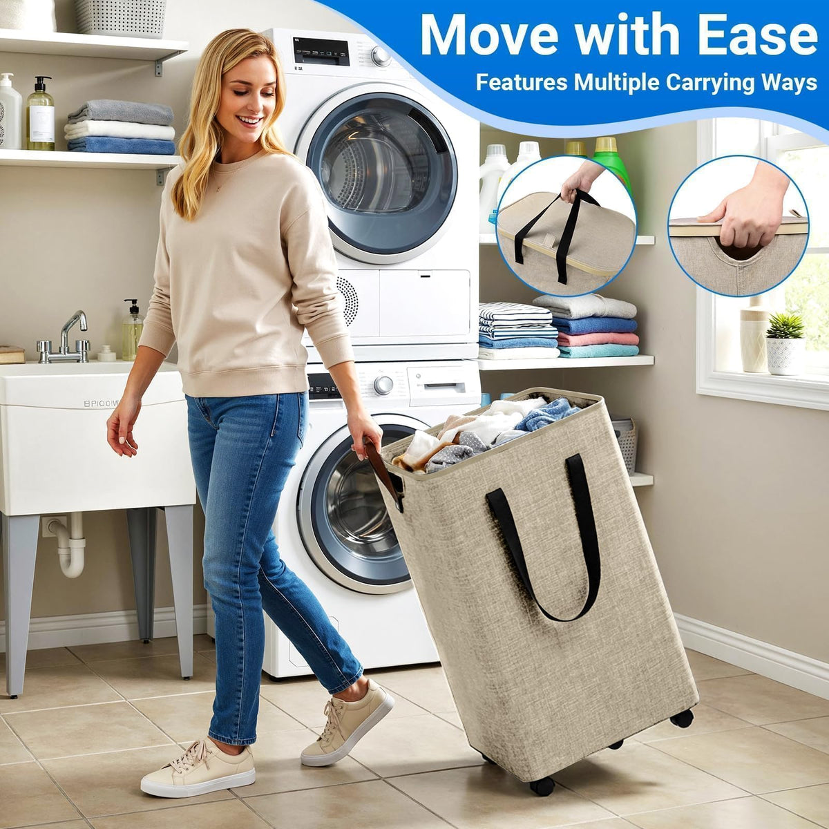 Laundry Basket with 5 Wheels, Tall Dirty Laundry Hamper, Rolling Laundry Basket with Lid, Large 90L Collapsible Clothes Hamper for Laundry Room Bedroom Bathroom Dorm, Khaki