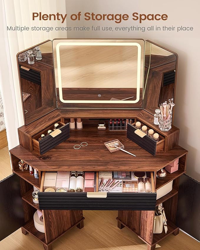AOGLLATI Large Fluted Corner Vanity Desk with HD Triple Mirror and Lights, Makeup Vanity Desk with 3 Drawers & 3 Cabinets, Modern Dressing Table with Charging Station for Bedroom, Black