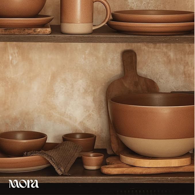MORA Mega and Giant Bowls Set of 2, 5.5 and 3.5 Qt Ceramic Pottery Mixing Bowls - Microwave and Dishwasher Safe - Terracotta & Peppercorn