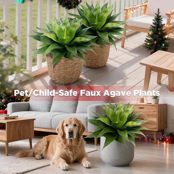 24 Inch Artificial Agave Plant with Ground Stake, Realistic Faux Succulents for Home Decor, UV-Resistant Fake Agave Plant for Indoor Outdoor Planters, Porch, Patio, Balcony, Poolside, 2 Pack