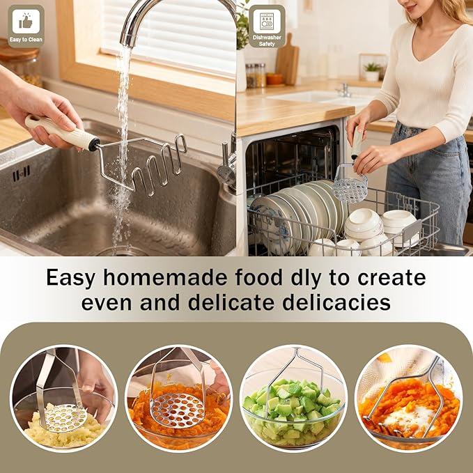 Vriysei Potato Masher Stainless Steel, 2pcs Heavy Duty Mashed Potato Mashers - Masher Kitchen Tool & Food Mashers for Potatoes, Beans, Avocado, Meat, Vegetables Dishwasher Safe