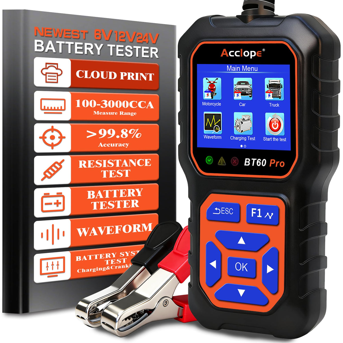 Acclope BT60 PRO Car Battery Tester 6V/12V/24V, 2-120Ah, 100-3000 CCA, Alternator & Starter/Charging System Analyzer, Automotive Load Test, QR Cloud Report (No App), for Car Truck Motorcycle Marine/RV