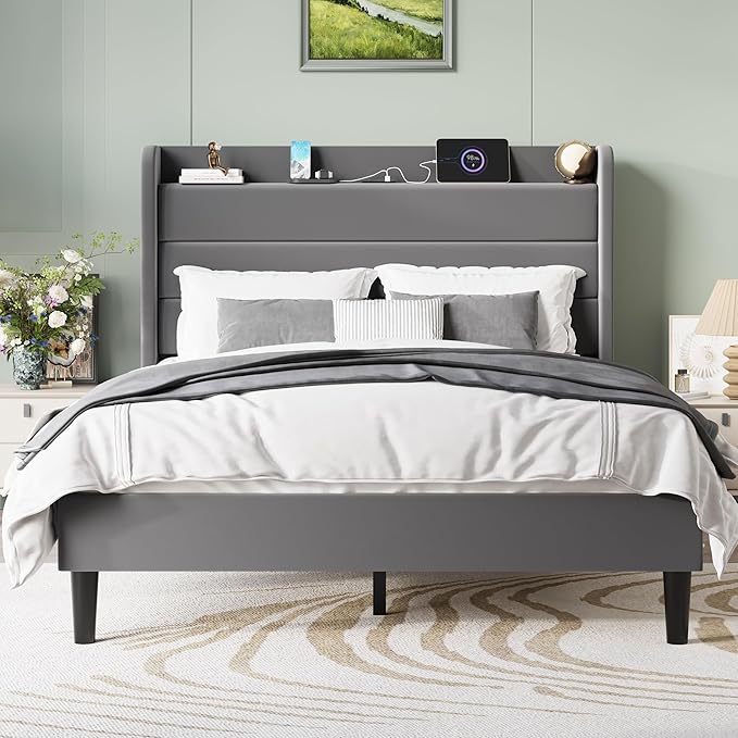 SHA CERLIN Queen Bed Frame with Charging Station, Velvet Upholstered Platform Bed, Wingback Storage Headboard, Type-C & USB Ports, Strong Wooden Slats, No Box Spring Needed, Easy Assembly, Grey
