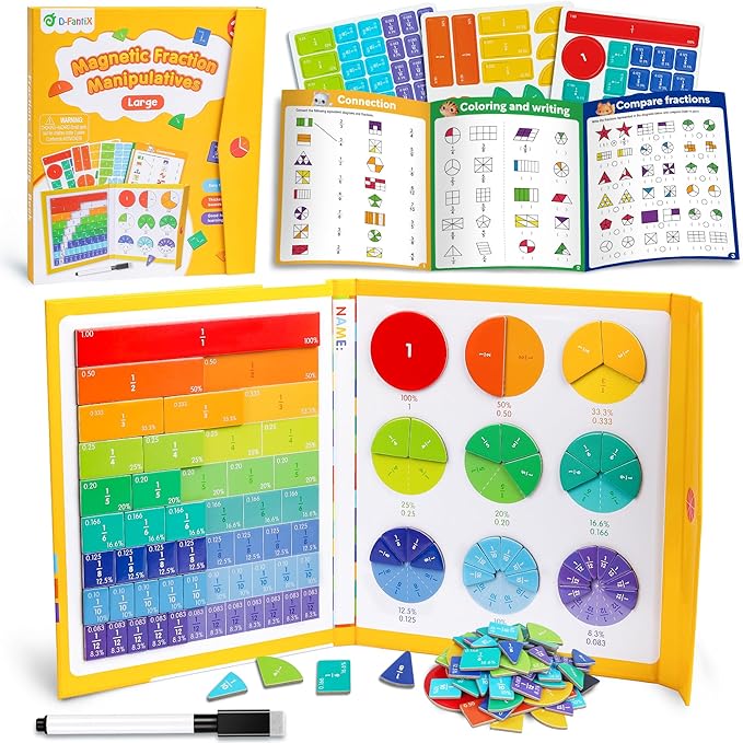 D-FantiX Large Magnetic Fraction Demonstration Book, Magnetic Fraction Tiles & Fraction Circles Set with Dry Erase Activity Card, Montessori Fraction Manipulatives Learning Toys for Kids