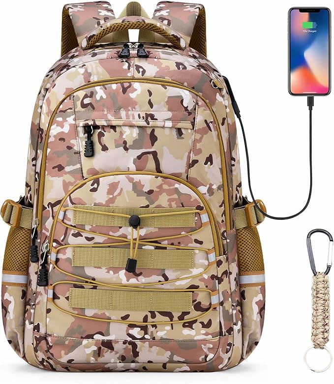Kids Backpack for Boys - Camo Boys Backpacks for Kids Teens Elementary Middle School, 18″ Camouflag Students Bookbag with Usb Charging Port & Key-chain, Perfect for Travel and School