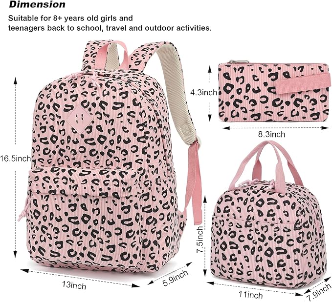 Corduroy Girls Backpack Set, 3PCS School Backpacks for Kids Elementary Middle School Bags with Lunch Box Pencil Case (Pink Corduroy Leopard)
