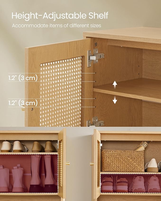 VASAGLE Natural Rattan 3-Tier Shoe Cabinet, 24 Pair Shoe Storage Cabinet, Boho Style Shoe Organizer with Height-Adjustable Shelves and Steel Legs, for Entryway, Closet, Hallway, Oak Beige ULBC050N01