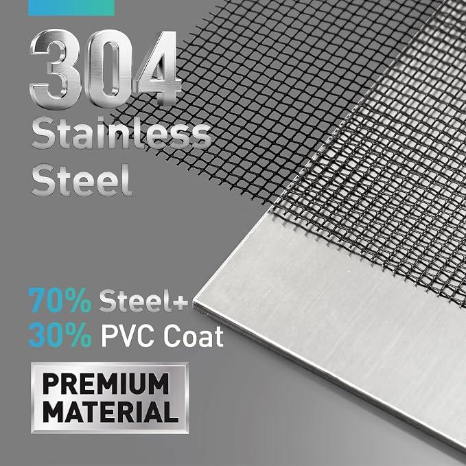 304 Stainless Steel Mesh Window Screen Roll, 47IN x 10FT Black Metal Window