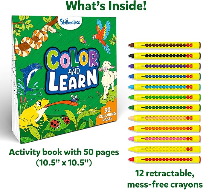 Skillmatics Color & Learn Activity Book – Learn 160+ Animals, 12 Retractable Mess-Free Crayons & 50 Pages, Educational Gift for Toddlers and Preschoolers Ages 3, 4, 5, 6