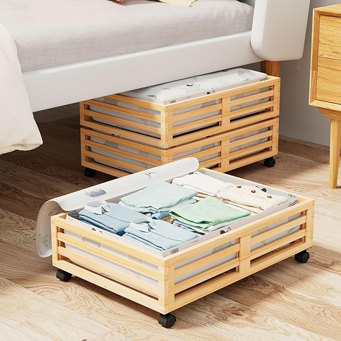 Bamboo Under Bed Storage Containers- Underbed Organizer with Wheels with Large Capacity Dust Bag,Sturdy Wood Rolling Under Bed Shoe Storage Organizer 2 Packs (Nature, 2 Packs (23.62"×16.54"))