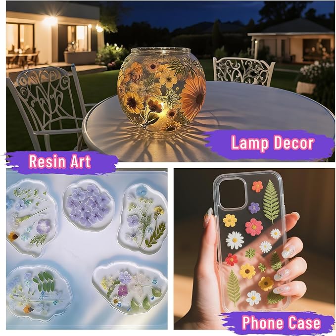 Tessera 160+ Pcs Real Pressed Flowers for Resin & Crafts - 4 Themed Dried Flower Sheets with 4-Piece DIY Tool Kit - for Resin Jewelry Making, Scrapbooking Supplies, Nail Art, Candle & DIY Gifts