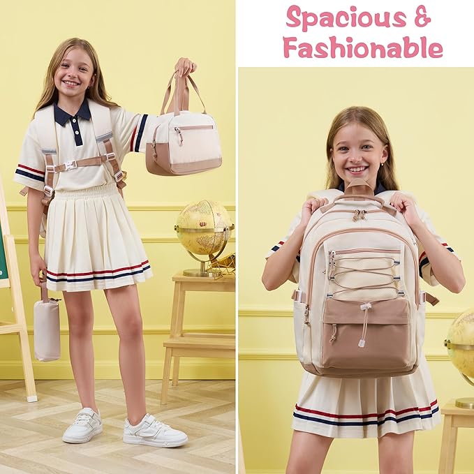Fimibuke Kids Backpack for Girls, 3 PCS Waterproof Girls Backpack with Lunch Box & Pencil Case, Lightweight Bookbag Set for Kids Teen Girl Travel School Bag for Elementary Middle High School Students