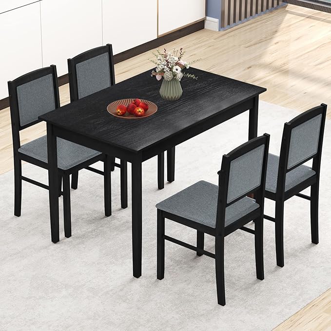 NAFORT Kitchen Table Set for 4, Mid-Century Modern Dining Table and Chairs Set of 4, Farmhouse Dinner Table Set w/ 4 Upholstered Chairs, Rubber Wood Dinette Set for Kitchen& Dining, Restaurant