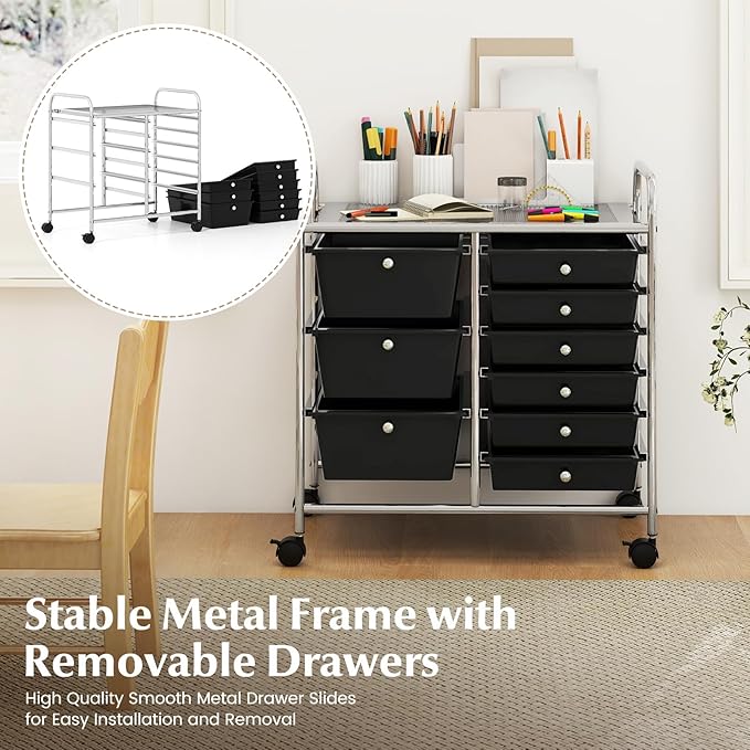 COSTWAY Rolling Storage Cart with 9 Drawer, Mobile Utility Cart with Metal Frame, Art Supply Craft Organizer, Multipurpose Storage Organizer for Paper, Office, School Teacher, Classroom, Black