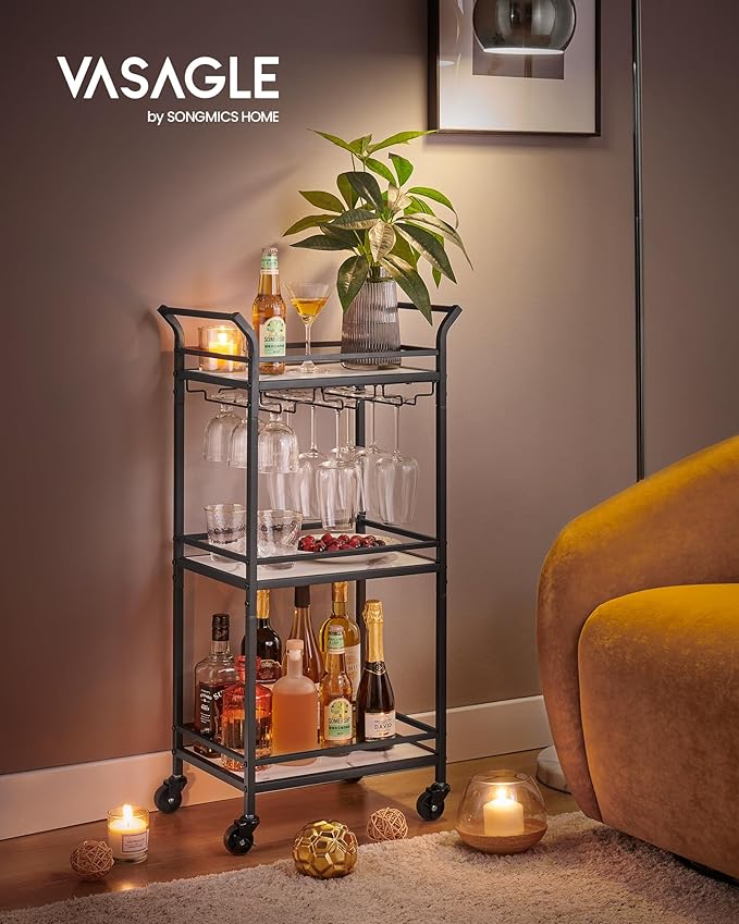 VASAGLE Bar Cart with 3-Tier Shelf, Wine & Glass Holders, Mini Bar for Small Spaces, Black