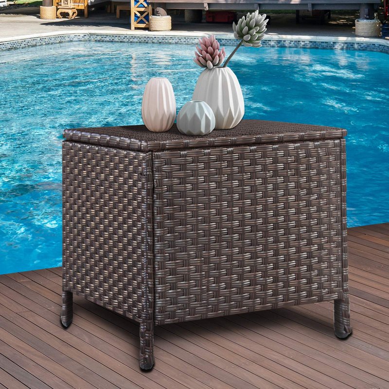 Valita Goognice Outdoor PE Wicker Side Table with Storage Patio Resin Rattan End Table Square Container for Furniture Covers, Toys and Gardening Tools Brown