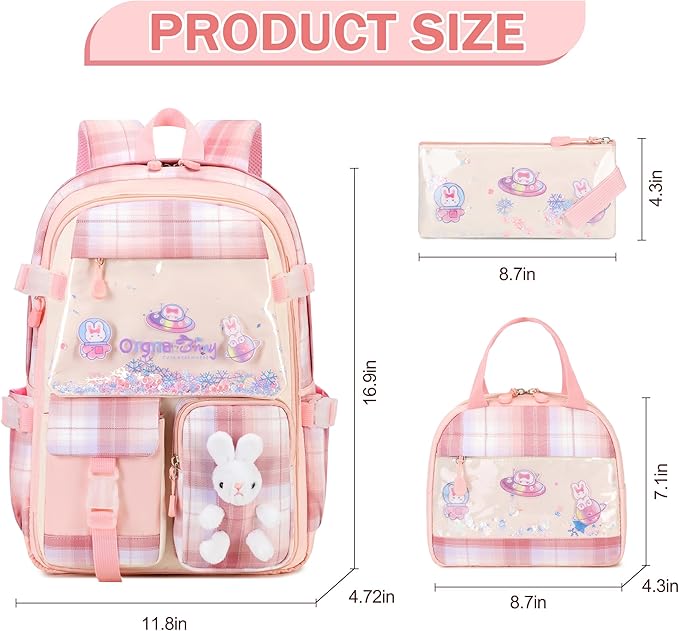 Girls Backpack Set, 3PCS Kids Backpack for Girls, Kawaii Bunny School Backpacks for Girl Kindergarten Elementary Preschool Middle School Bags with Lunch Box Pencil Case Pink-Plaid