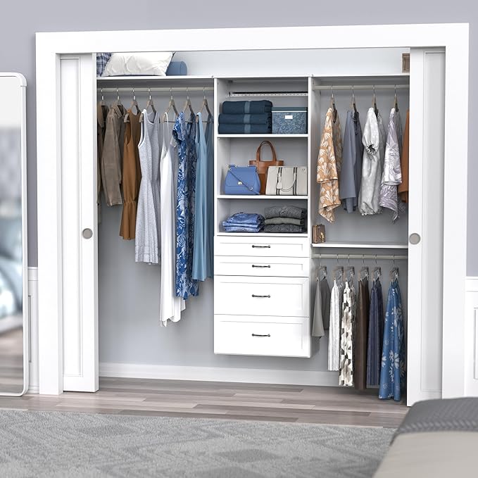 ClosetMaid SuiteSymphony Hanging Closet Kit Includes (1) Tower, (3) Closet Rods, (4) Shelves, (3) Top Shelves w/Brackets, and (4) Drawers, White