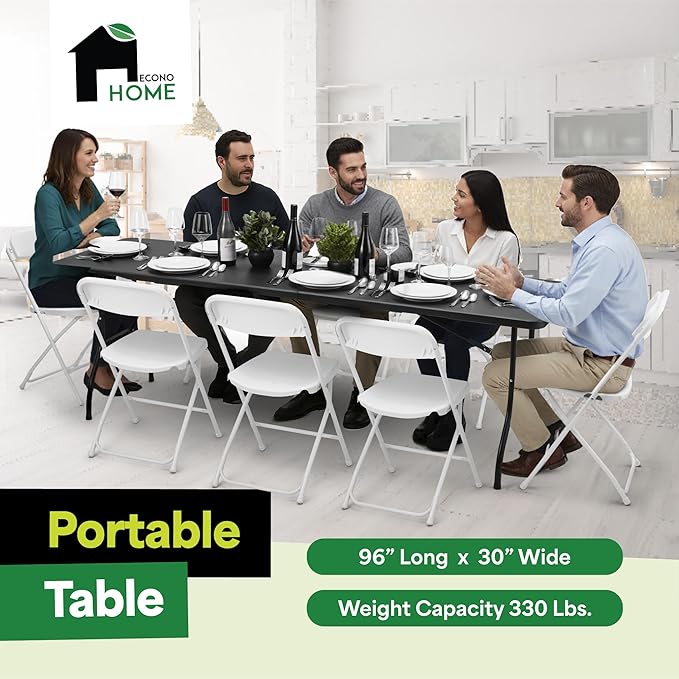 EconoHome Black 8ft Folding Table with Handle | Heavy-Duty Foldable Table | Portable Table for Indoor & Outdoor Use | Perfect for Events, Camping, Parties, Dining & More