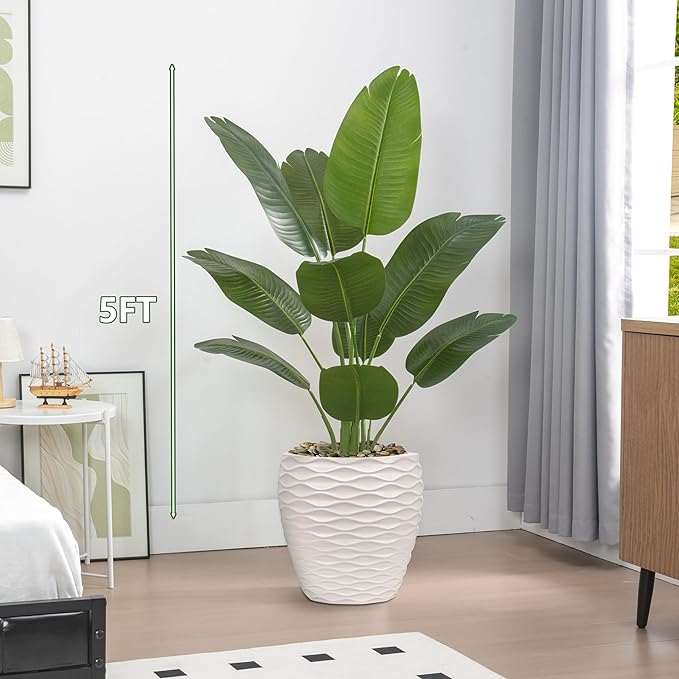 Pack 2 Artificial Bird of Paradise Plant 5FT Fake Palm Tree Feaux Plants in White Pot Artificial Tree Fake Plant for Indoor Outdoor Modern Decoration for Home Living Room Office