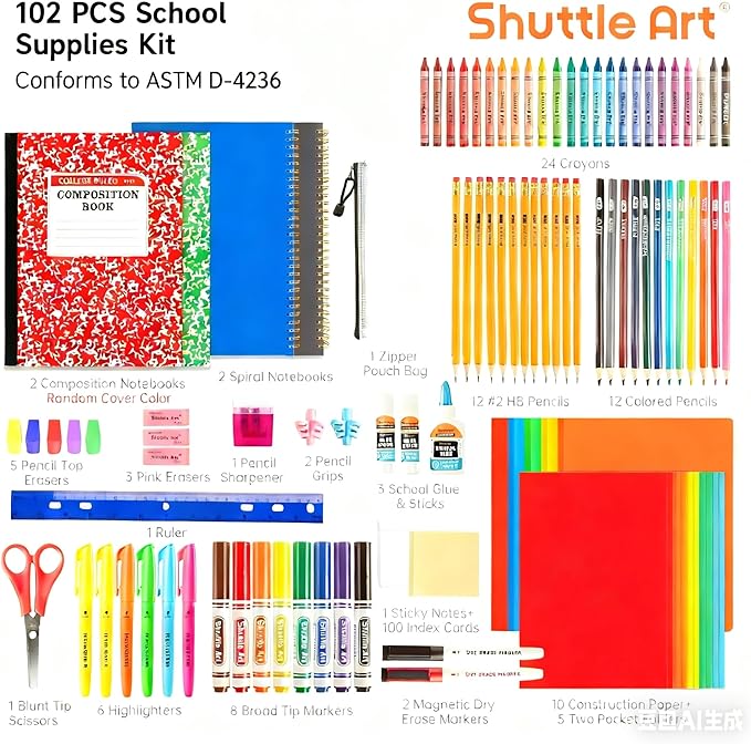 Shuttle Art 102 PCS Back to School Supplies Kit, School Supply Box for Grades K-5, School Supplies for Kids and Students, Including Pencils, Pens, Markers, Erasers, Notebooks, Folders and More