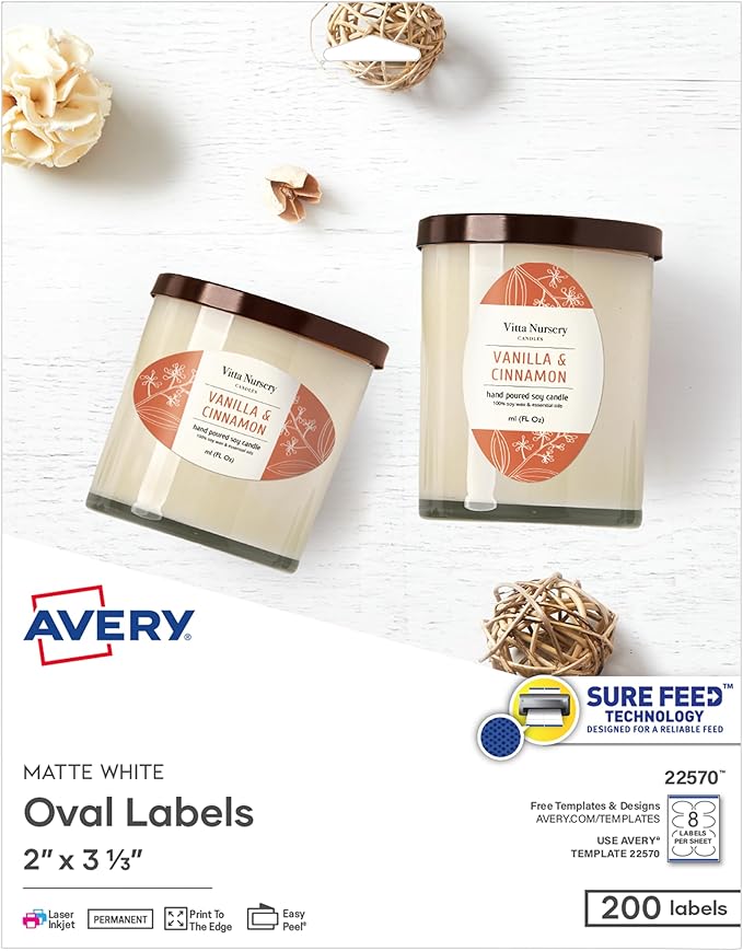 Avery Printable Blank Oval Labels, 2" x 3-1/3", Matte White, 200 Customizable Labels (22570)